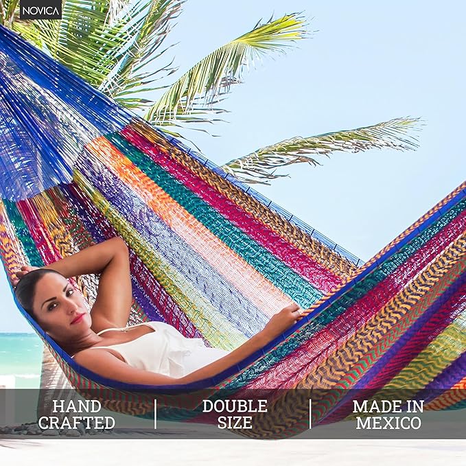 NOVICA Artisan Crafted Patterned Blue and Bright Mayan Hammock | Woven Nylon | Long Lasting Colorfast | Cotton Trim | Steel Hooks | 'Tropical Passion' (2 Person) | 7.2' W x 12.8' H