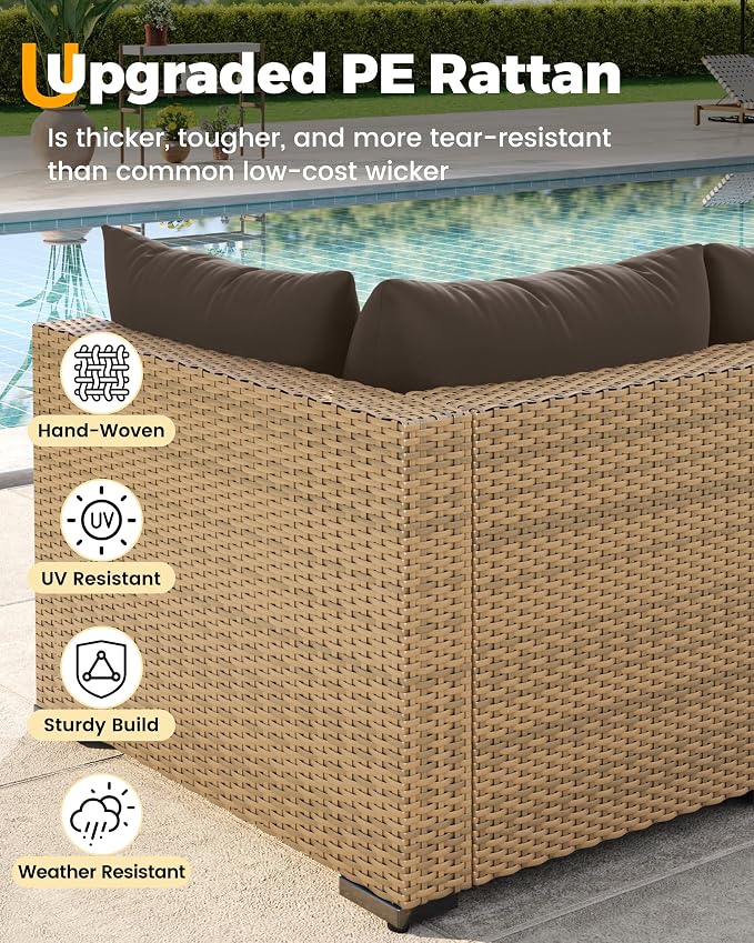 UDPATIO Patio Furniture Set with Fire Pit Table, 8 Piece Sectional Sofas All-Weather Wicker Conversation for Garden, Backyard, Brown