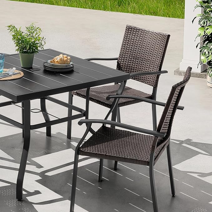 NUU GARDEN Outdoor Dining Set 5-Piece Patio Dining Set with Umbrella Hole, Weather-Resistant Iron Table with 1.57'' Umbrella Hole and 4 Wicker Chairs for Yard, Deck and Poolside, Black