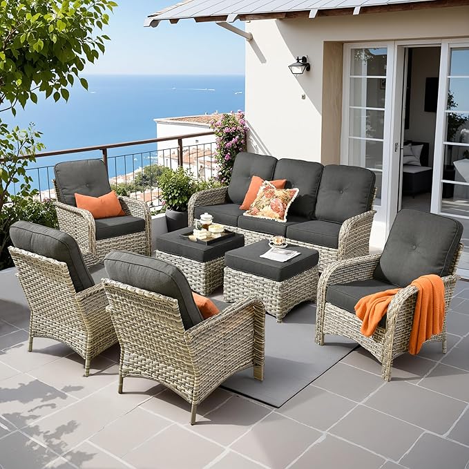 7-Piece Outdoor Patio Furniture Set with Ottomans 3 Seater Couch,All Weather Wicker Rattan Patio Seating Sofa and Chair Set with Ottomans,Outdoor Conversation Sets for Porch Deck Yard,Black