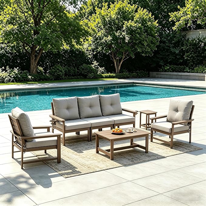 Modular Outdoor Patio Furniture Set, 7-Piece HDPE Sectional Sofa with Coffee Table & Thick Cushions - All-Weather Patio Conversation Set for Backyard, Deck, Poolside, Brown