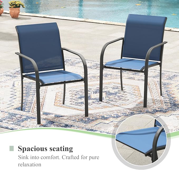 Patio Table and Chairs Sets for 8, Outdoor Dining Set with 8 Stackable Dining Chairs and 54" x 54" Round Thick Slatted Table for Backyard, Deck, Lawn, Garden, Dark Blue & Black