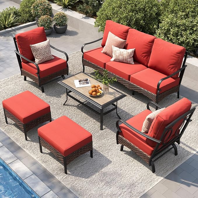 PHI VILLA Patio Furniture Set, Upgraded Wicker & Metal Modern Outdoor Conversation Sets Patio Sectional Rocking Chair Set with Coffee Table & Waterproof Thick Cushions for Porch, Deck(6 Pieces, Red)