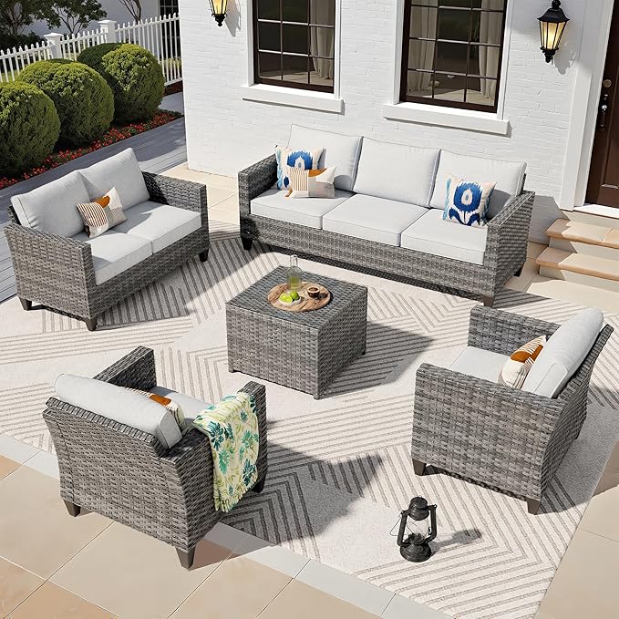 ovios 5 Pieces Patio Furniture Set, Outdoor Wicker Rattan Sofa Couch with Loveseat, Chairs, Glass Coffee Table, Conversation Sets for Yard Porch Garden, Grey