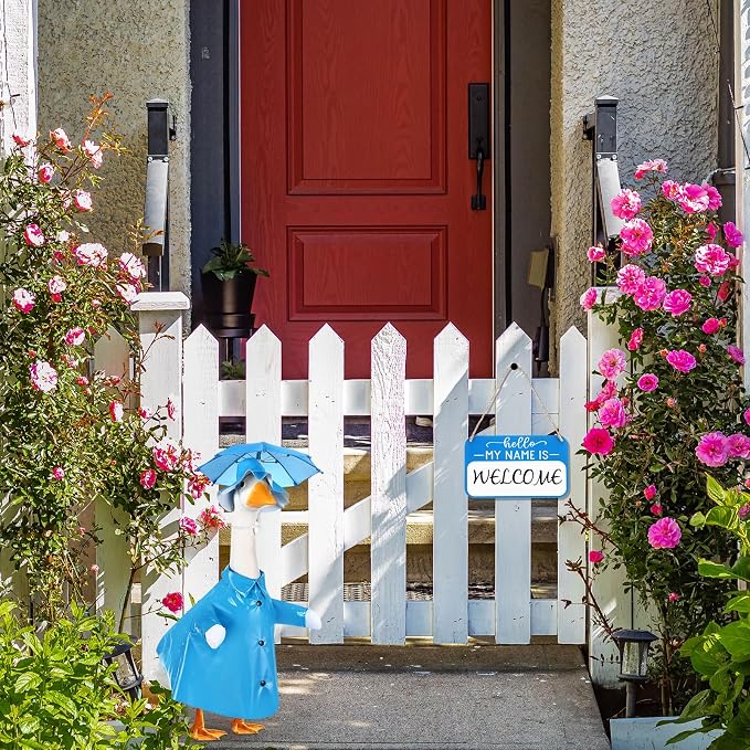 FuWeave Summer Baby Goose Outfit Raincoat and Umbrella for 17'' Lawn Porch Baby Goose Costume Plastic Raincoat Clothes for Summer Spring Outdoor Patio Yard Lawn Decoration(Blue)