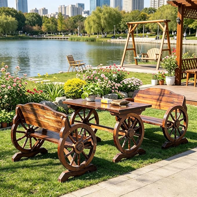 3 Pieces Patio Dining Set, Outdoor Wooden Rectangular Table and Benches,Rustic Wheel Bench Outside Furniture Set for Patio Porch,Deck, Lawn, Garden and Backyard(47in)