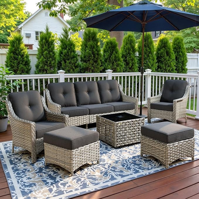 6 Piece Patio Furniture Set with Solar Lights Coffee Table, Outdoor Wicker High Back Sofa Chairs Ottomans with Cushions, All Weather Conversation Set for Backyard Porch Deck, Black