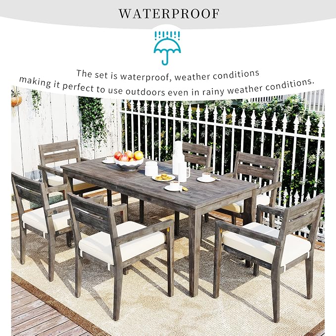 VilroCaz 7-Pieces Acacia Wood Outdoor Dining Table Set, All-Weather Patio Conversation Dining Set, 70.9'' Dining Table with 6 Removable Cushion Chairs, Suitable for Patio Balcony Backyard (Grey-AC)