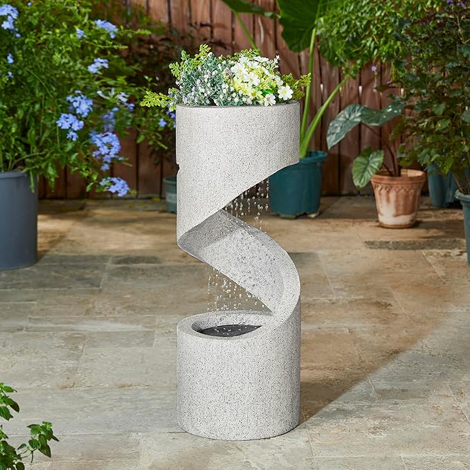 Glitzhome Outdoor Water Fountain with LED Light, Spiral Tiered Water Fountain Outdoor with Stone Planter, Modern Curved Waterfalls Feature Fountains for Garden Patio Porch, 31.3”H
