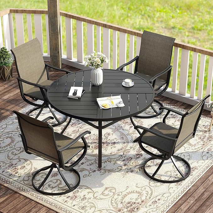 VICLLAX Patio Dining Set for 4, 5 Pieces All Weather Outdoor Dining Set - 40.6" Square Outdoor Table and 4 Patio Swivel Chairs for Lawn Garden, Black Tabletop and Mixed Brown Fabric