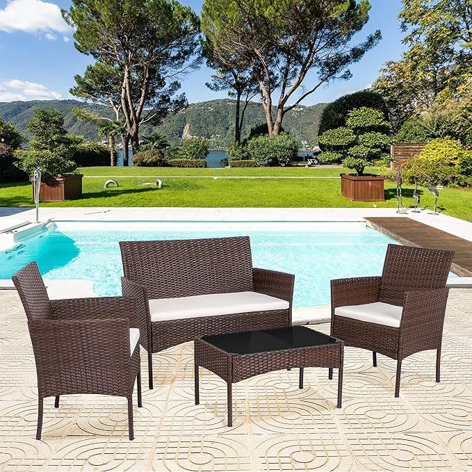 SUNLEI 4 Pieces Outdoor Patio Furniture Sets Conversation Sets Rattan Chair Wicker Set,Coffee Table,Outdoor Indoor Use Backyard Porch Garden Poolside Balcony Furniture(Brown Rattan/White)