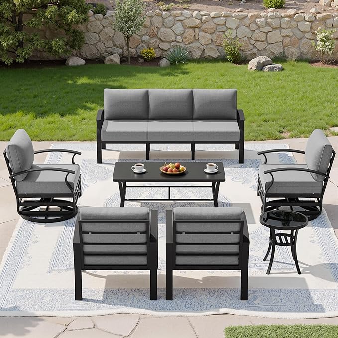 Kullavik Aluminum Patio Furniture Set with Rectangular Coffee Table,7-seat Metal Outdoor Sectional Furniture w/5.1" Cushions,Patio Conversation Sets with Swivel Chairs for Garden,Backyard,Porch-Grey