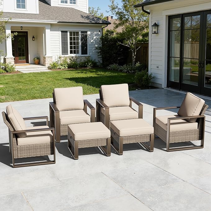 6 Pieces Metal Wicker Patio Furniture Set - Four Armchairs and Two Ottomans, All Weather Rattan Outdoor Conversation Furniture with Washable Cushion for Deck Porch, Beige