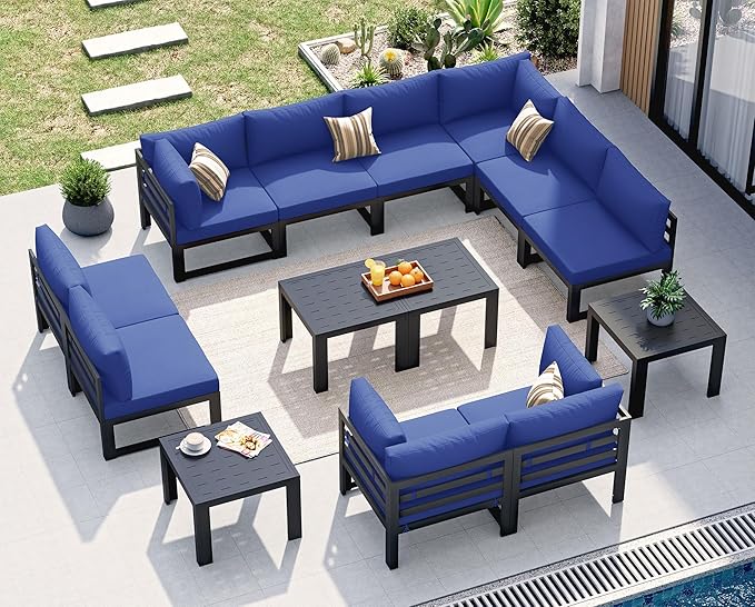 NICESOUL Extra Large Aluminum Patio Furniture Set with End Table, All-Weather 29" Wide Deep Seats Outdoor Sofa Conversation Set, Contemporary Sectional Couch for 10 Seats, for Garden, Navy Blue