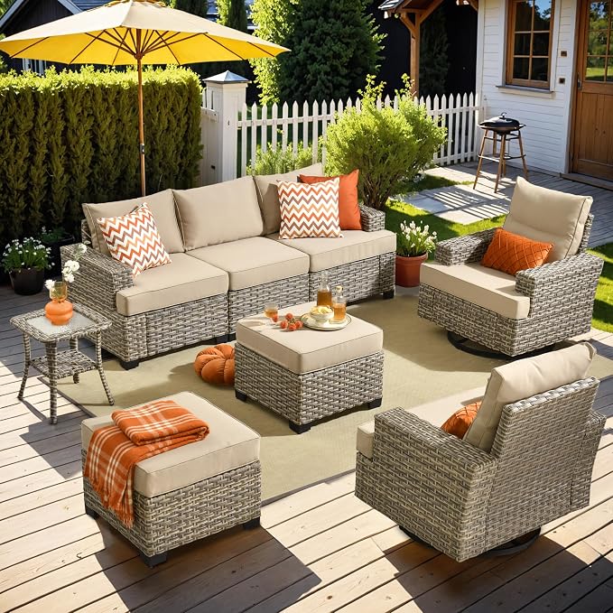 Patio Outdoor Furniture Set - All Weather Wicker Modular Sectional Sofa Couch,Patio Seating Outdoor Conversation Sets for Deck Yard Garden (Beige, 8 Pcs w/Swivel Glider)