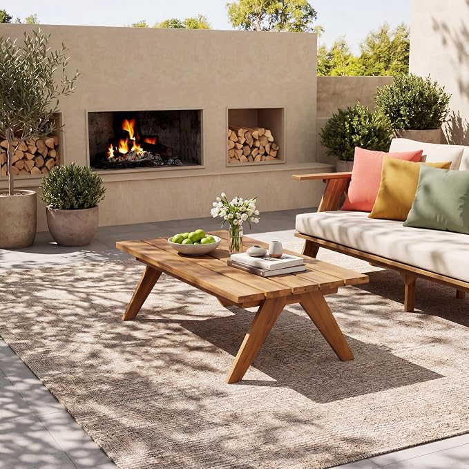 Christopher Knight Home Adele 12.25" Height Outdoor Coffee Table, Acacia Wood Accent Table with Slatted Panel Design, Rectangular Patio Table for Garden Balcony, Low Maintenance Patio Furniture, Teak
