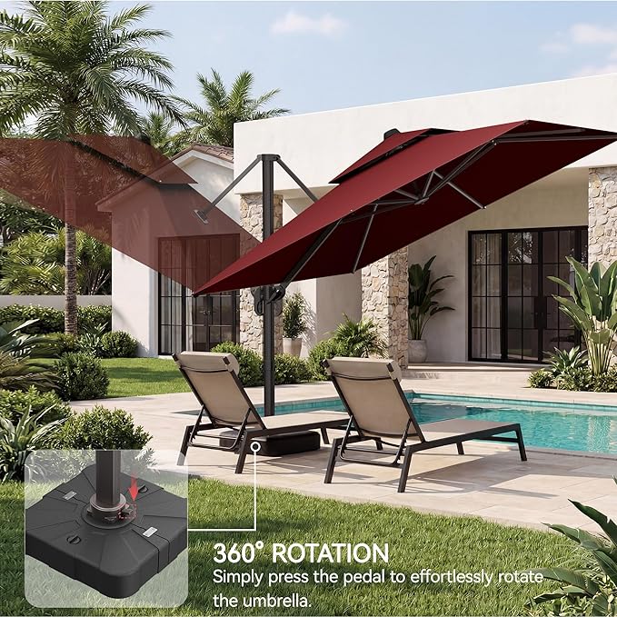 10x10 FT Patio Umbrella with Base, Large Cantilever Double Top Heavy Duty Offset Umbrellas with 360° Rotation, Outdoor shade for Garden Deck Pool, Red