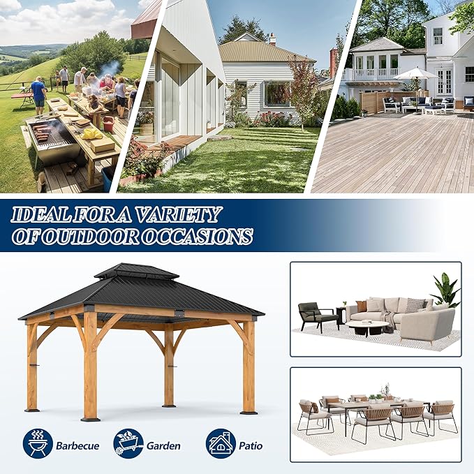 COVERONICS 11FT x 13FT Outdoor Spruce Wood Gazebo - Patio Wooden Frame Gazebo with Galvanized Steel Double Roof, Heavy-Duty Hardtop Gazebos for Garden, Poolside, Deck, Backyard