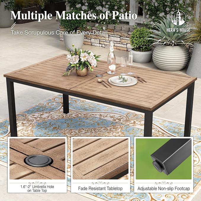 HERA'S HOUSE 7pc Outdoor Patio Dining Set, Wood-Look Metal Table, Red | 64" rectangular table with umbrella hole, 6 textilene chairs. Waterproof, rust-resistant, all-weather for backyard, porch