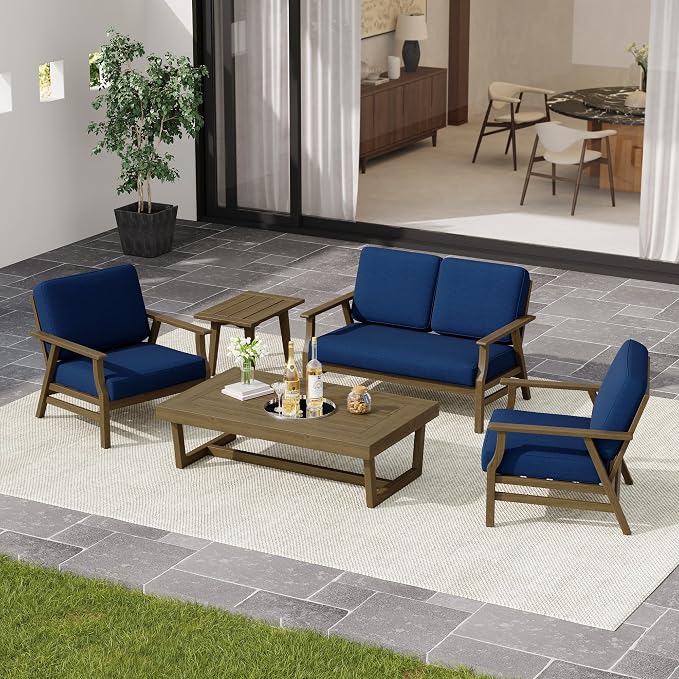 4 Pieces Patio Furniture Sets, Teak Wood Outdoor Sectional Furniture with Coffee Table, 4 Seats Patio Sofa Couch Conversation Set for Backyard Deck - Navy