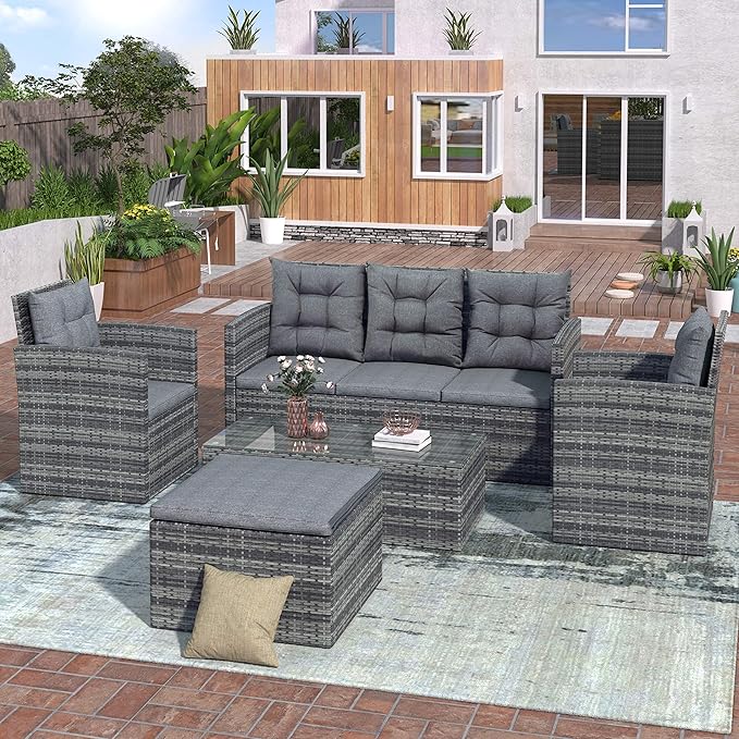 LUMISOL 5 Pieces Patio Furniture Set, PE Rattan Sectional Conversation Sofa, Outdoor Wicker Conversation Set with Tempered Glass Table & Storage Bench for Patio, Balcony, Backyard, Gray