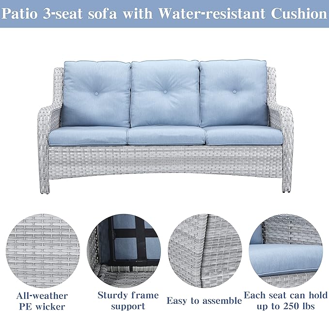 Belord Wicker Patio Furniture Sets - 8 Piece Outdoor Rattan Furniture Conversation Sets with 4 Swivel Rocker Chairs, Outdoor Sofa, Wicker Ottomans and Coffee Table, Light Grey/Baby Blue