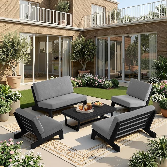 UIXE 7 Pieces Black Wood Patio Furniture Sets, 2 Patio Loveseat, 4 Patio Bistro Chair, All Weather Outdoor Sectional Sofa Furniture Backyard Conversation Set with Coffee Table - Gray