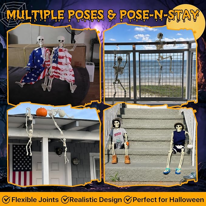 2-Pack 40" Pose-N-Stay Halloween Skeletons, Life-Size Full Body Realistic Posable Skeleton with Movable Joints, Spooky Haunted House Decor for Outdoor Yard, Patio & Front Porch