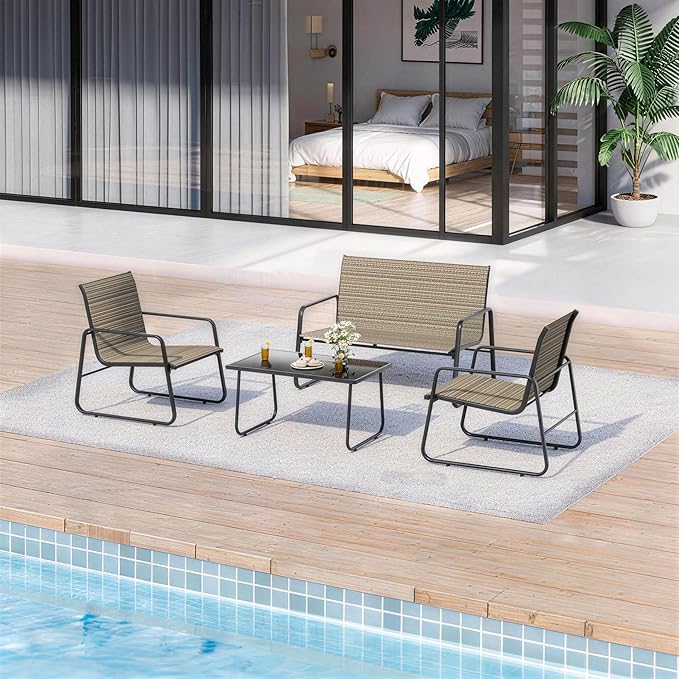 4-Piece Outdoor Patio Furniture Set, All-Weather & Easy Assembly Outdoor Conversation Set with Tempered Glass (2 Single Seats, 1 Loveseat, 1 Coffee Table) for Garden, Patio, Yard, Poolside