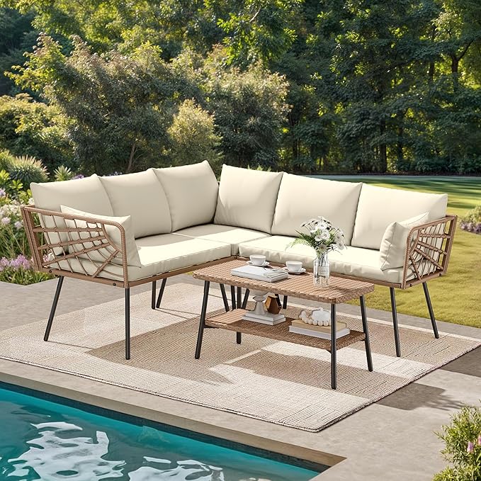 DWVO 4 Pieces Patio Furniture Set Outdoor Wicker Conversation Sectional L-Shaped Sofa with 2-Tier Coffee Table and Thick Cushions Outdoor sectional with 5 Seater for Backyard Porch (Beige)
