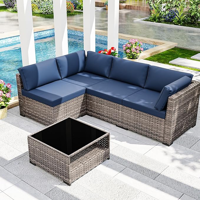 Joyside 5-Piece Patio Furniture Set, Rattan Outdoor Sectional Wicker Patio Conversation Set with Cushions and Coffee Table