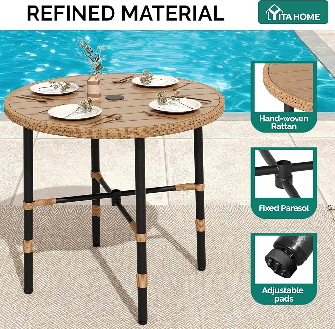 YITAHOME Outdoor Patio Dining Table Round for 4 with 2.2" Umbrella Hole&Adjustable Levelers 35.4" Bistro Table with Metal Frame All-Weather Outdoor Tables for Lawn Backyard Garden