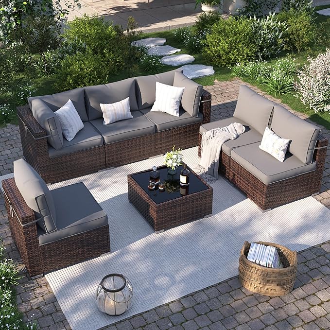 Patio Furniture Set, 10-Piece Outdoor Sectional with Waterproof Cover, All-Weather Wicker Patio Conversation Sets for Backyard (Brown with Grey Cushion)