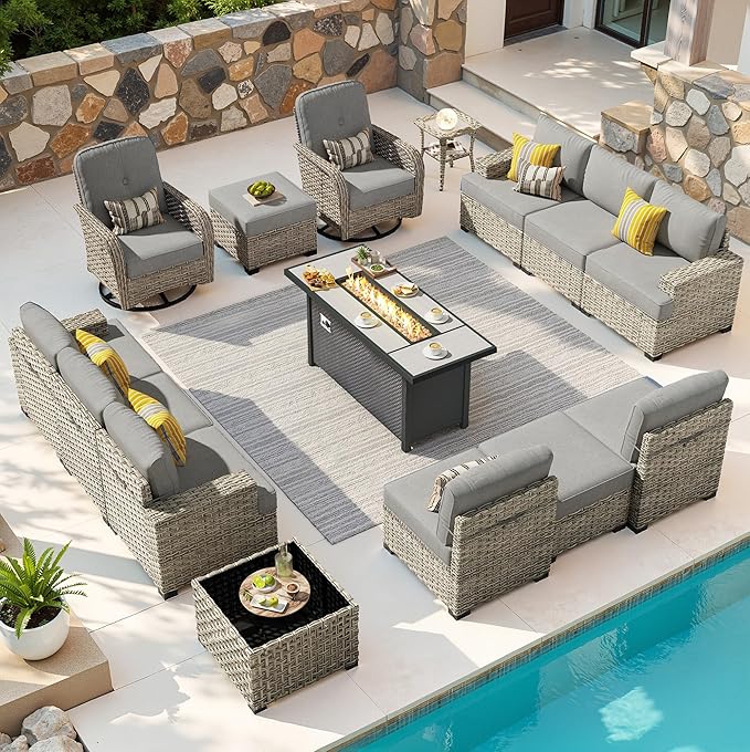 15-Piece Outdoor Sectional Sofa Set w/ 54" Fire Pit – L-Shaped Wicker Patio Furniture, Deep Seating & Swivel Rockers, Dark Grey