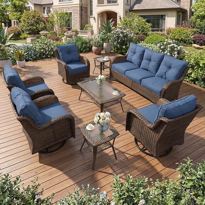 Patio Furniture Set, 8PCS Outdoor Wicker Conversation Set with 6" Thick Cushions, High Back Rattan Sofa & Swivel Rocker Chairs, Weather Resistant Olefin Fabric for Garden, Poolside, Navy Blue