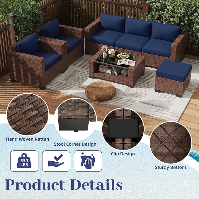 KIGOTY Patio Furniture Set 7 PCS Patio Conversation Sets, All-Weather PE Rattan Outdoor Sectional Sofa with Cushion and 2- Tier Glass Coffee Table（Brown/Dark Blue）