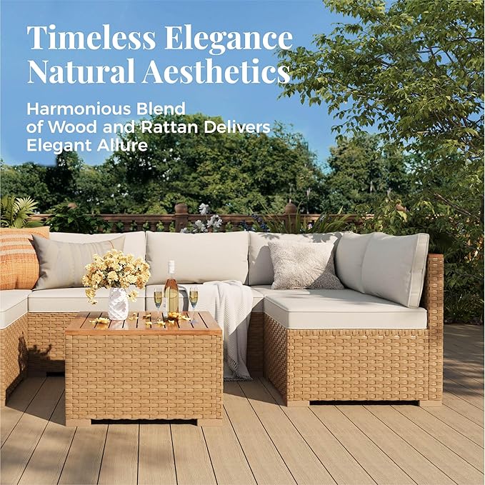 Wicker Outdoor Patio Furniture Set 7 Pieces Patio Chaise Longue Conversation Set, Rattan U-Shaped Sofa Couch with Acacia Wood Coffee Table for Deck Porch and Garden