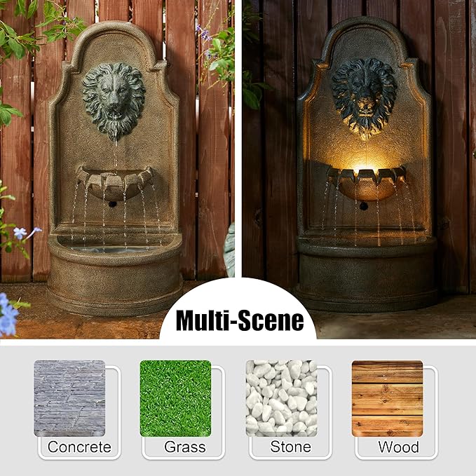 Glitzhome Tiered Wall Mounted Outdoor Water Fountain With LED Light - Vintage European Style 3-Tier Oversized Lion Head Waterfall - Faux Granite for Garden, Patio, Deck, Porch, 31.75"H