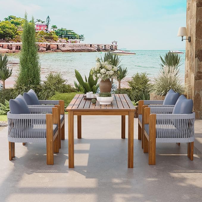 VilroCaz Luxury 5-Piece Patio Dining Set for 4, Acacia Wood Dinning Set with 4 Rope Woven Chairs and Cushions, All-Weather Outdoor Conversation Set for Garden Backyard Balcony (Brown+Gray)