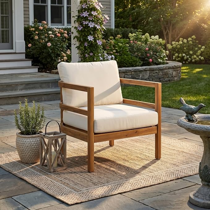 Merax Outdoor Acacia Wood Lounge Chair with Cushions, Solid Wood Patio Armchair, Modern Outdoor Accent Seating for Patio, Garden, Balcony, Deck, Porch, Beige + Light Brown