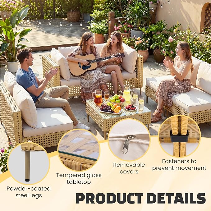LHBcraft 7-Piece Wicker Outdoor Patio Furniture Set, Modular Rattan Outdoor Furniture, Patio Conversation Sets, Handmade Rattan, Water Resistant Fluffy Cushions and Coffee Table, Brown