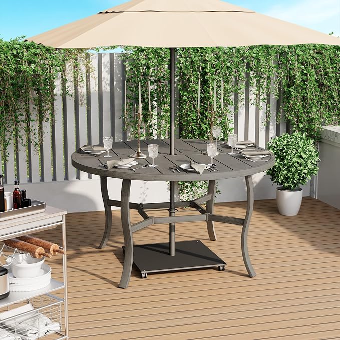 HAPPATIO Round Outdoor Dining Table, 52-inch Aluminum Patio Table with Umbrella Hole, All-Weather Aluminum Frame for Deck Lawn Garden Backyard Balcony Deck,