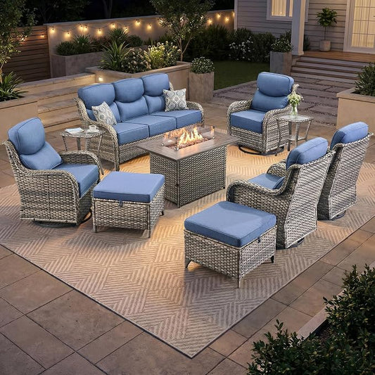 Luxury Patio Furniture Set 10pcs with 6-inch Cushion, Outdoor Furniture with Fire Pit Table, Swivel Chairs, Sofa, Side Table, Ottomans, Patio Set for Deck Yard Grey Wicker | Blue Cushions