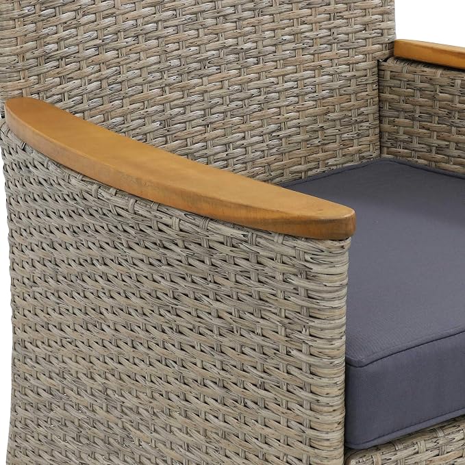 Sunnydaze Foxford 7-Piece Rattan and Acacia Outdoor Dining Set - 1 Table and 6 Chairs with 6 Thick Seat Cushions