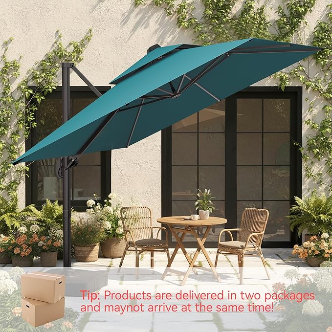 10x10 FT Patio Umbrella with Base, Large Cantilever Double Top Heavy Duty Offset Umbrellas with 360° Rotation, Outdoor shade for Garden Deck Pool, Turquoise