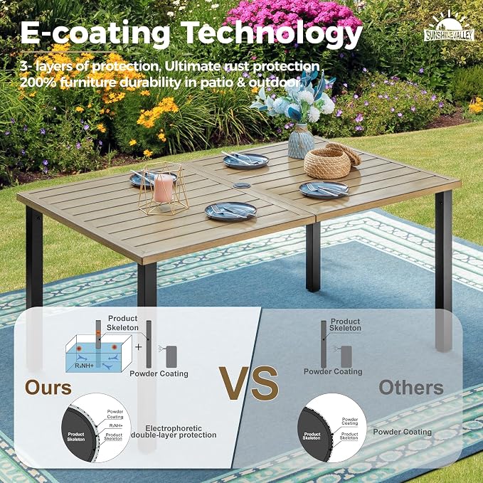 SUNSHINE VALLEY 7 Piece Patio Dining Set for 6, 60x36 Wood-Like Metal Table with Umbrella Hole and 6 Pcs Rust-Proof Stackable Chairs, Outdoor Table and Chairs Set for Backyard Garden Deck (Style 3)