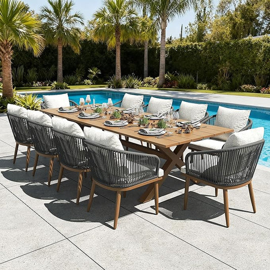 LayinSun 11 Pieces Outdoor Patio Dining Set, Aluminium Rectangular Dining Table and Wicker Rattan Chairs Set for Outside Backyard, Poolside