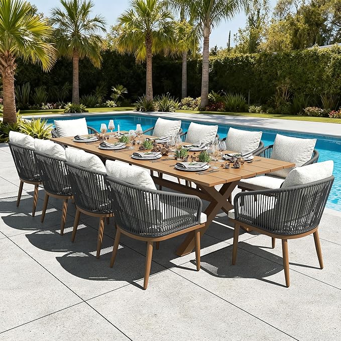 LayinSun 9 Pieces Outdoor Patio Dining Set, Aluminium Rectangular Dining Table and Wicker Rattan Chairs Set for Outside Backyard, Poolside