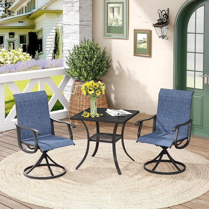 DIFY 3 Pieces Outdoor Patio Dining Set for 2, 27.6" Small Black Square Metal Dining Table and 2 Blue Textilene Swivel Dining Chairs, Outdoor Table and Chairs