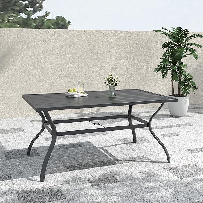 60"x38" Rectangle Outdoor Patio Dining Table Weather-Resistant for 6 Person | Black Metal Frame and Top, Weather-Resistant, Rust Free, 6 Person Use, Metal Slat Table Top, 1.57 inch Umbrella Hole